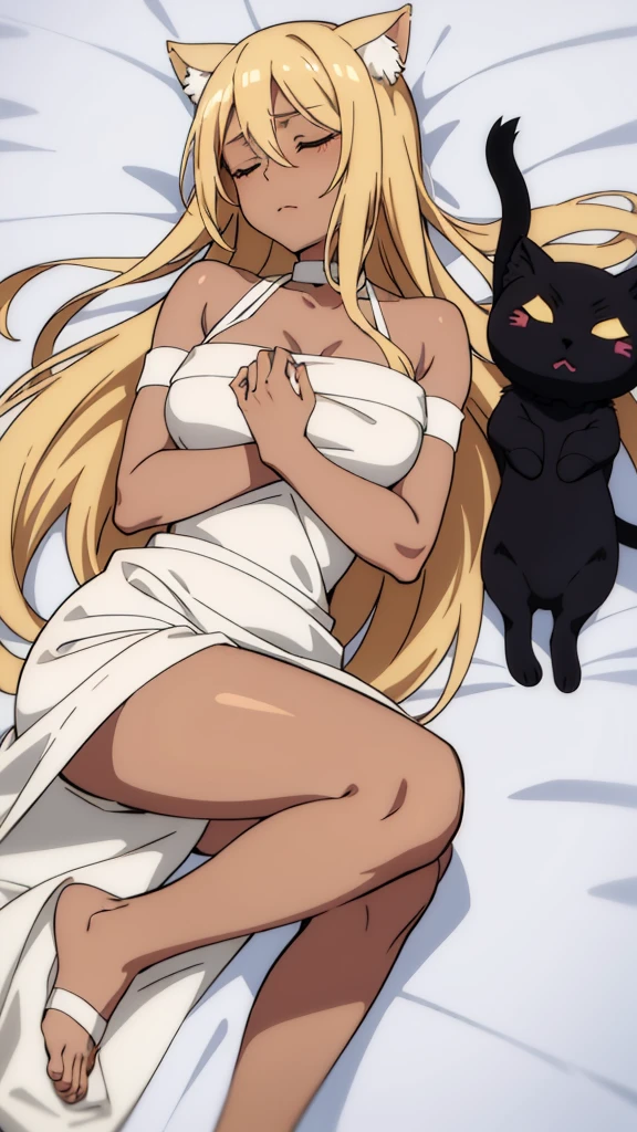 (1girl ,solo,20s,mature female),blonde hair,long hair,cat ears,closed eyes,(((dark skin))),(Egypt),white sleep oufit,bare shoulders,sleeping,lying on bed,night,dark