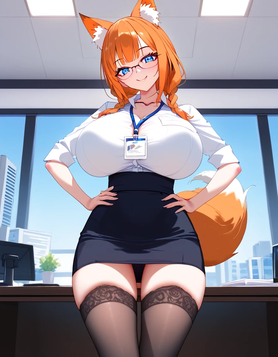 (huge breasts:1.4) (masterpiece) (high quality) (best quality) (1girl), (solo), (slim waist:1.3), (looking at viewer), Shirakami Fubuki, vtuber, office, fox ears, fox tail, black business skirt, stockings, closed white shirt, glasses, id card hanging on neck, head tilt, slight smile, full body portrait, orange hair, braided twintails, baby blue eyes, hands on hips, bottom view