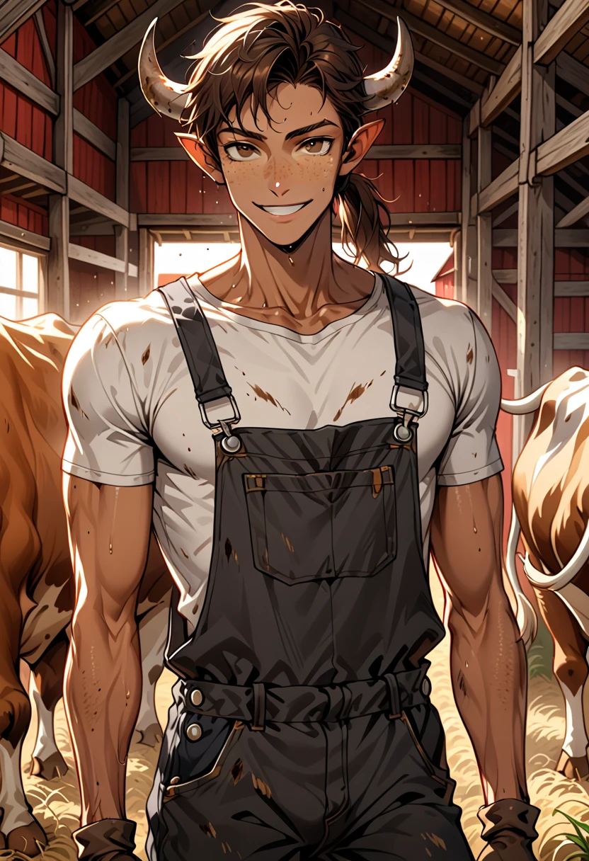 solo, male, broad shoulders, long bull horns, tan skin, long messy brown hair, brown eyes, young male, farm, overalls and shirt, fit, cow tail, slender, thin waist, smile, t-shirt, ponytail, barn, freckles, slender male, close up, cow ears, very tall, gloves, bulging crotch, loose clothes, sweat, dirty,