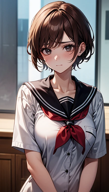 ((masterpiece,Highest quality,8K,Ultra-high resolution)),appropriate margins,Emphasize the face,BREAK,1 person,Very beautiful adult woman,is an adult,Slim body,Very large breasts,Bust 120,Upturned chest,BREAK,Dark brown hair,Black eyes,light in your eyes,Embarrassed,Shy glare,short hair,Wearing hair in one ear,unkempt,BREAK,(school uniform,Summer clothes)
