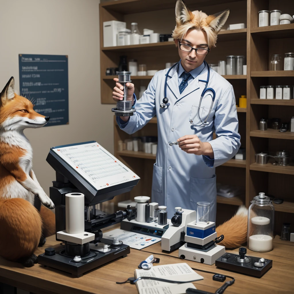 A fox dressed as a doctor working with a pill press.