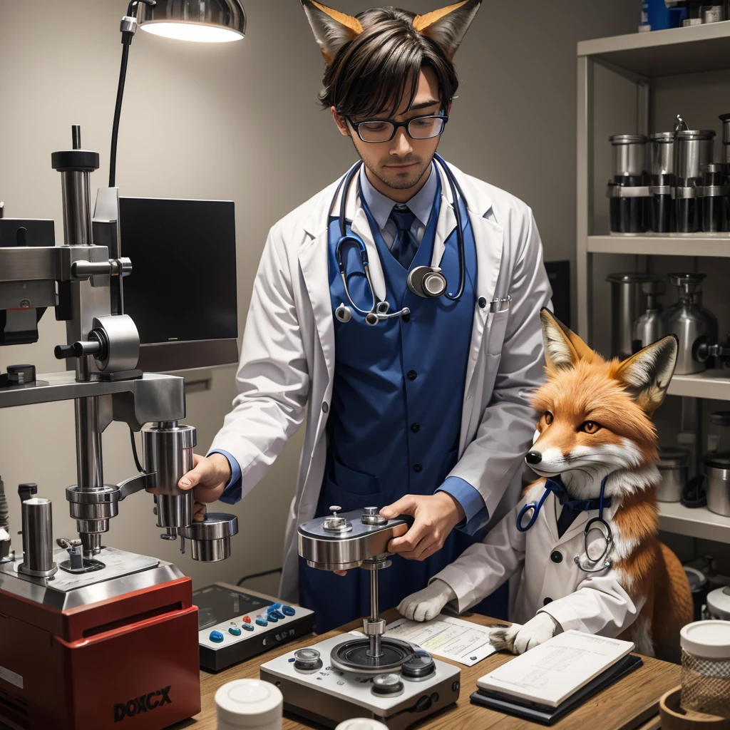 A fox dressed as a doctor working with a pill press.