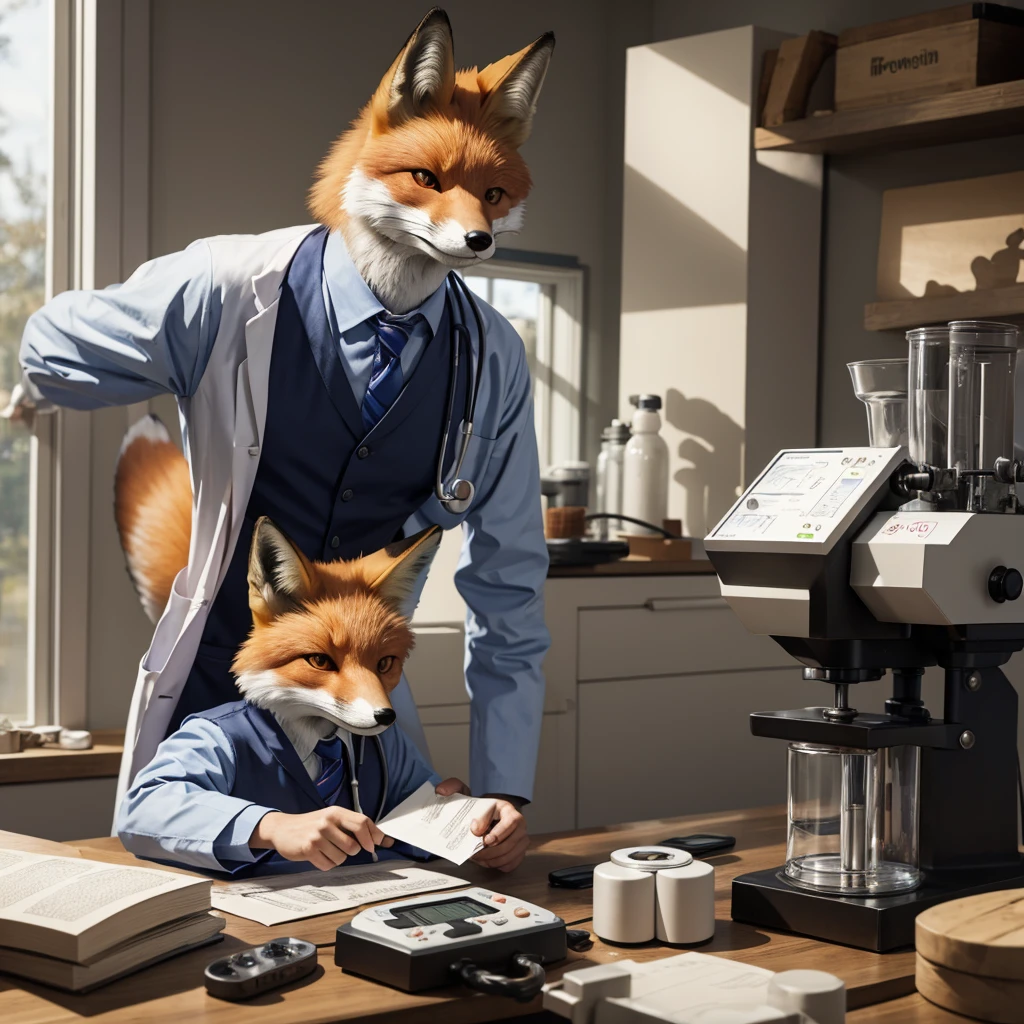 A fox dressed as a doctor working with a pill press.