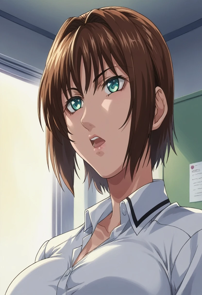 score_9, score_8_up, source_anime Bibl3, tomboy, tanned skin, brown hair, short hair, huge breasts, wide hips, viewed from front, expressionless, empty eyes, relaxed expression, hypnotized, open mouth, staring ahead, full lips, vivid lips, detailed eyes, detailed face, pretty girl, principals office, morning