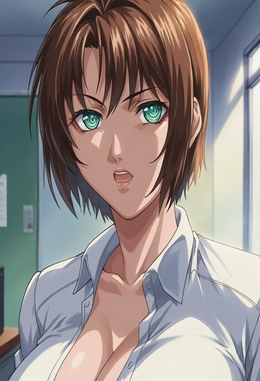score_9, score_8_up, source_anime Bibl3, tomboy, tanned skin, brown hair, short hair, huge breasts, wide hips, viewed from front, expressionless, empty eyes, relaxed expression, hypnotized, open mouth, staring ahead, full lips, vivid lips, detailed eyes, detailed face, pretty girl, principals office, morning