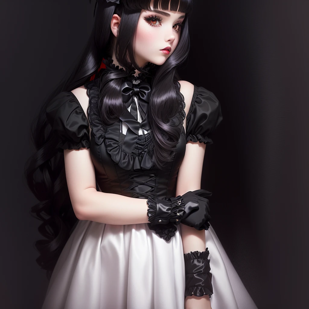 there is a young girl wearing a black dress and red Gloves, portrait of radical Lolita girl, portrait of magical Lolita girl, Lolita style, black gothic Lolita dress, Lolita fashion, victorian gothic Lolita fashion, Double ponytail white_Gloves, Angelic beauty, Wearing a Gothic Dress, Wearing a Gothic Dress的女学生, 1 7 year old anime goth girl, Lolita