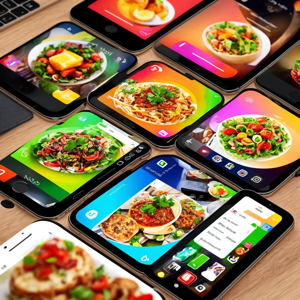 Create a vibrant and eye-catching image that simulates a digital menu displayed on a latest-generation smartphone, designed to be used as an Instagram profile picture. The image should be colorful and visually appealing, showcasing various delicious food items on the smartphone screen. Include an image of a bearded man in the design, but focus primarily on the smartphone and the surrounding environment. Ensure the smartphone looks sleek and cutting-edge, emphasizing the advanced technology and user-friendly interface. The overall design should be clear and recognizable even at a small size, conveying the convenience and innovation of using a digital menu