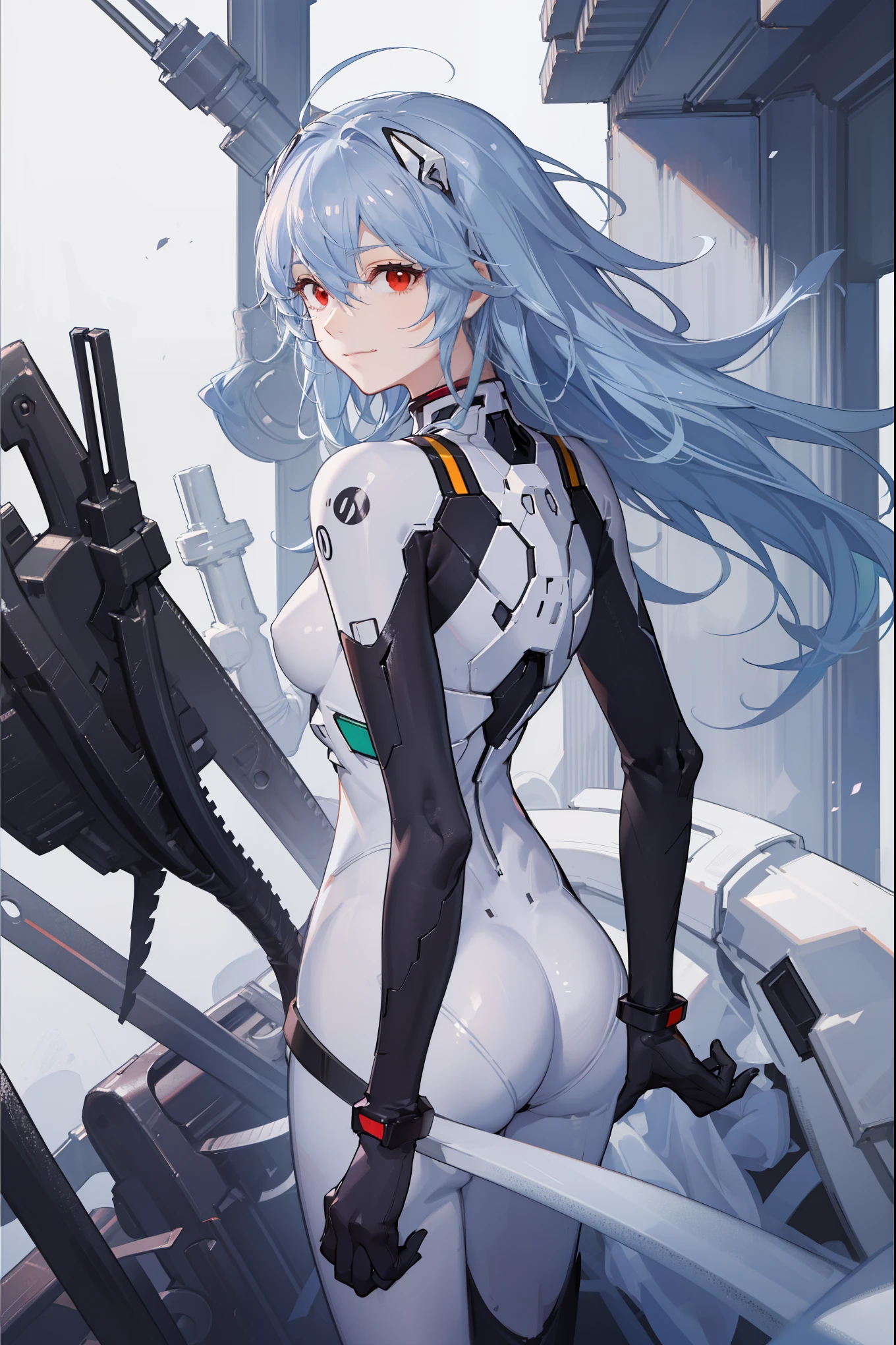 reiayanami, Rei Ayanami, Blue hair,(Long_messy_hair:1.4),(curly hair:1.4), (Red Eyes:1.5),light_smile,(half_eye:1.5)
BREAK bodysuit, headgear, plugsuit, White bodysuit,cowboy_shot,
BREAK outdoors, city,
BREAK looking at viewer, 
BREAK (masutepiece:1.2), Best Quality, High resolution, Unity 8k Wallpaper, (Illustration:0.8), (Beautiful detailed eyes:1.6), extra detailed face, Perfect Lighting, extremely details CG, (Perfect hands, Perfect Anatomy),