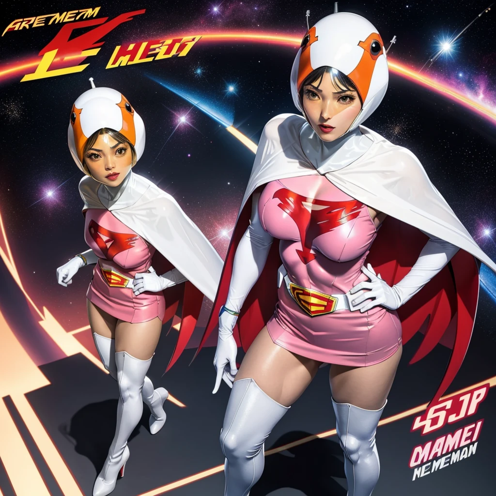 ANI_CLASSIC_jun_gatchaman_ownwaifu,1girl, 15yo,good anatomy, masterpiece, best quality,realistic, hyper realistic, 16k hdr, long hair,breasts,lips,large breasts,lipstick,makeup,gloves,cape,helmet,belt,elbow gloves,white gloves,mask,ultra miniskirt,leotard,spacesuit,white tight overknee highheels boots,pink dress,superhero,bodysuit,cleavage,erected nipples,(stand pose,hands on hip),(spread legs:1.1),cameltoe