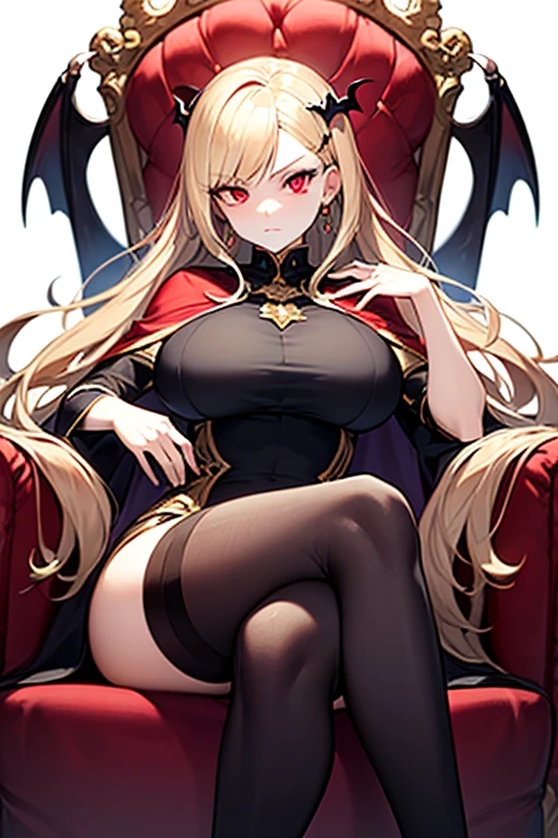 masterpiece, extra limbs, 1vampire lady, 250 years old,((light gold extra long hair)), slant blank ruby red eyes, big breasts, curvy,(pale white finely detailed skin), (serious),(((clothed elegant dress))),hair ornaments,earrings,cape,Grimoire,crossed legs,sitting on throne,old castle,midnight 