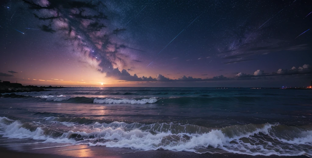 Soft anime style, nighttime beach with purple milky way stars and purple atmosphere