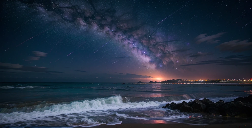 Soft anime style, nighttime beach with purple milky way stars and purple atmosphere