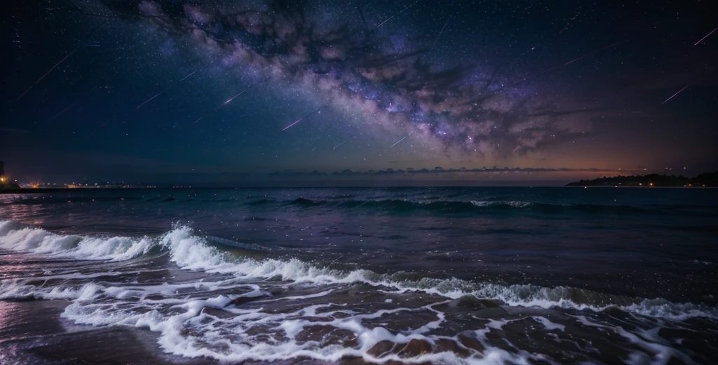 Soft anime style, nighttime beach with purple milky way stars and purple atmosphere