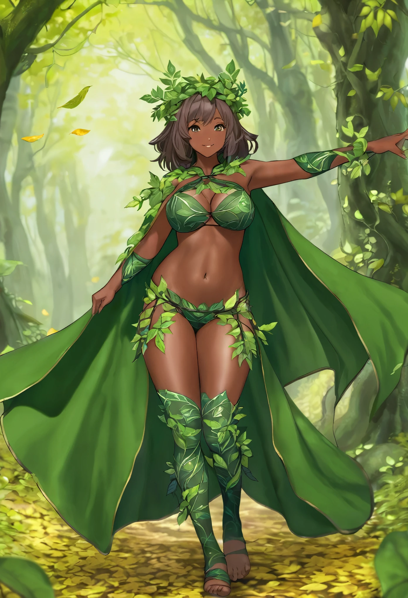 fantasy, 1forest_elemental_girl, (dark_skin)0.9, (using_leaves_clothes, green_leaves_covered_breasts, leaves_covered_pussy),large_breasts, walking, (smile, sleepy)+, medium_hair, navel, oil, (winding_vine_around_torso)++, forest_background, leaves_headgear, green_leaves_cape,armpits, spread_arms, large_staff, thighhighs, plump,