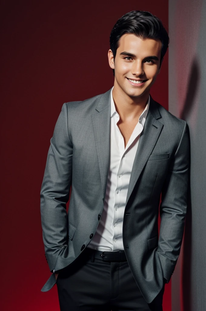 A young man with dark hair and a confident smile. He is dressed in a black blazer over a white shirt. The man is positioned against aqua colour backdrop with a subtle red lighting on the left side. and he posing for Linkedin profile
