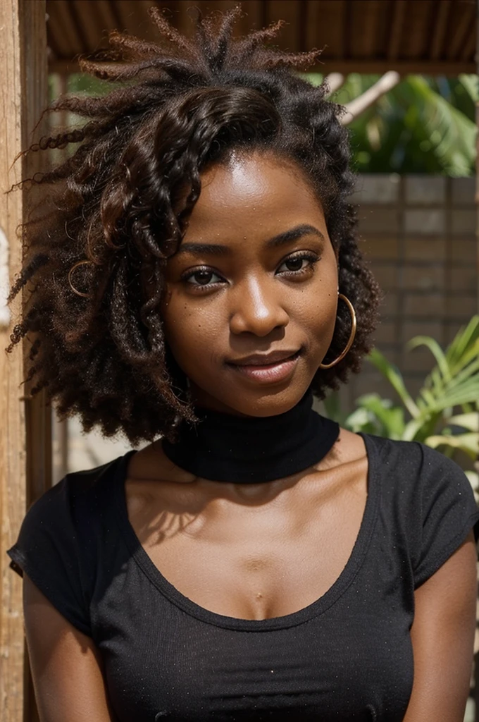 "Lina est une jeune femme métisse afro de 20 ans avec une peau claire. Elle a une silhouette élancée et mince, des yeux marron en amande, et un sourire éclatant. Ses cheveux sont naturellement bouclés, souvent en afro volumineux.