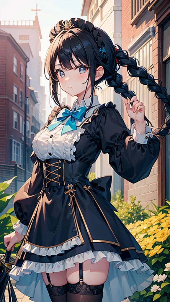 Black-haired girl，Indifferent girl，Golden pupils，Black long hair，braid，braid，脑后braid，****ta skirt，Blue ****ta Dress，****ta style，Blue Skirt，Blue Skirt，Blue Skirt，Blue Skirt，蓝白****ta skirt，Blue Dress，Blue Dress，Red bow tie，Red bow tie，单条braid，单条braid，短braid，Repressive style，Garter stockings，Garter stockings，Garter stockings，Big breasts，Great Sword，手持Great Sword，手持Great Sword，Great Sword