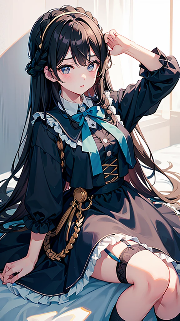 Black-haired girl，Indifferent girl，Golden pupils，Black long hair，braid，braid，脑后braid，Lolita skirt，Blue Lolita Dress，Lolita style，Blue Skirt，Blue Skirt，Blue Skirt，Blue Skirt，蓝白Lolita skirt，Blue Dress，Blue Dress，Red bow tie，Red bow tie，单条braid，单条braid，短braid，Repressive style，Garter stockings，Garter stockings，Garter stockings，Big breasts，Great Sword，手持Great Sword，手持Great Sword，Great Sword