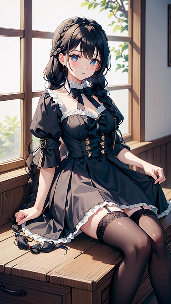 Black-haired girl，Indifferent girl，Golden pupils，Black long hair，braid，braid，脑后braid，****ta skirt，Blue ****ta Dress，****ta style，Blue Skirt，Blue Skirt，Blue Skirt，Blue Skirt，蓝白****ta skirt，Blue Dress，Blue Dress，Red bow tie，Red bow tie，单条braid，单条braid，短braid，Repressive style，Garter stockings，Garter stockings，Garter stockings，Big breasts，Great Sword，手持Great Sword，手持Great Sword，Great Sword