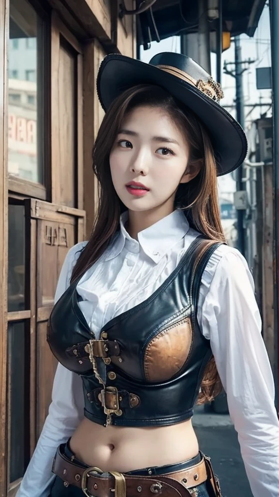 3girls breasts((cool expresion)), steampunk gang potrait medium shoot foto, A young tall sexy body korea female, wearing sexy croptop collared shirt, steampunk outfit, outdoor background broken city. and 5girl crew, selfie photo,big breast, white skin. sexy pose, no show breast