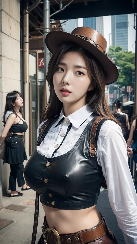 3girls breasts((cool expresion)), steampunk gang potrait medium shoot foto, A young tall sexy body korea female, wearing sexy croptop collared shirt, steampunk outfit, outdoor background broken city. and 5girl crew, selfie photo,big breast, white skin. sexy pose, no show breast