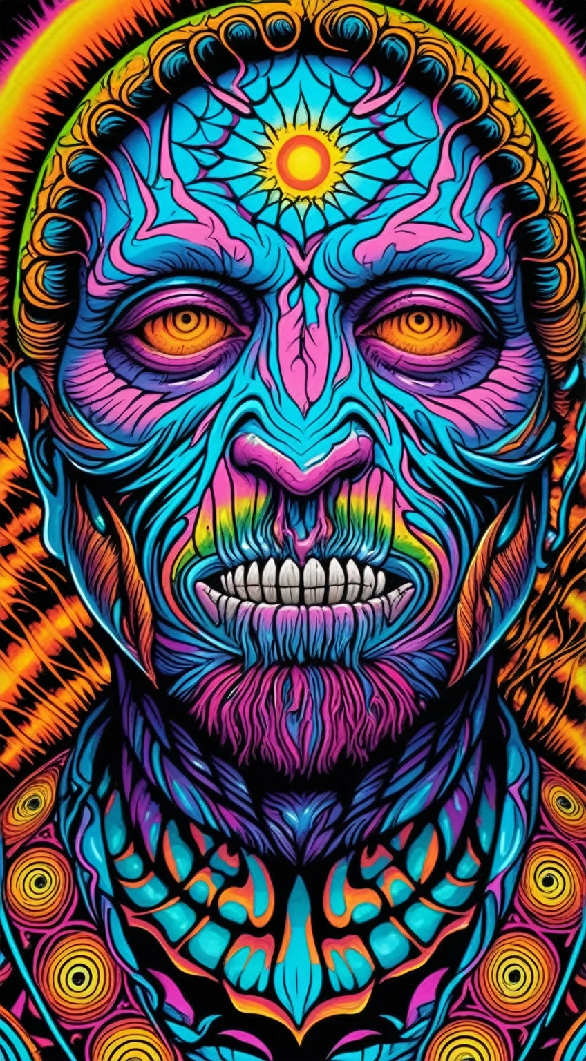 a close-up of a psychedelic poster of a skull ,  psytrance art, Android Jones and Chris Dyer, dmt shamanic horror art, Chris Dyer, style Alex Gray, dmt art, Alex Gray, dmt ego of death, psychedelic art style, psychedelic cosmic terror, lsd horror shamanic art, psychedelic digital art