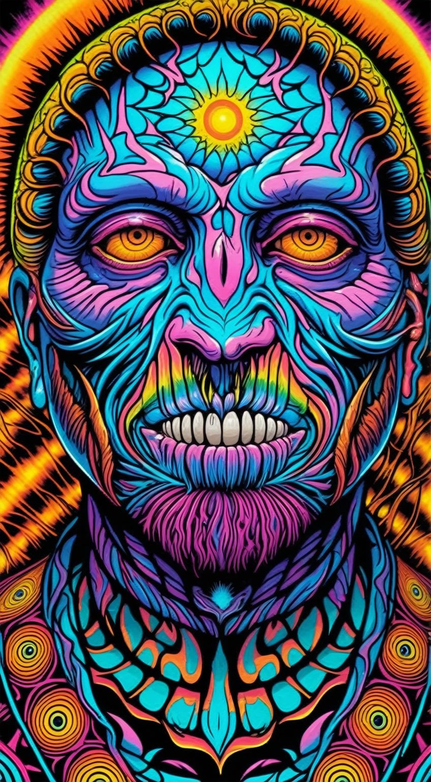 a close-up of a psychedelic poster of a skull ,  psytrance art, Android Jones and Chris Dyer, dmt shamanic horror art, Chris Dyer, style Alex Gray, dmt art, Alex Gray, dmt ego of death, psychedelic art style, psychedelic cosmic terror, lsd horror shamanic art, psychedelic digital art