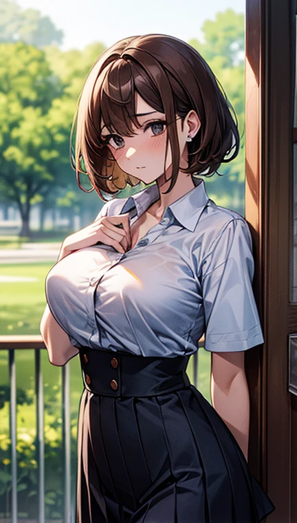 ((masterpiece,Highest quality,8K,Ultra-high resolution)),appropriate margins,Emphasize the face,BREAK,1 person,Very beautiful adult woman,is an adult,Slim body,Very large breasts,Bust 120,Upturned chest,BREAK,Dark brown hair,Black eyes,light in your eyes,Embarrassed,Shy glare,short hair,Wearing hair in one ear,unkempt,BREAK,(school uniform,Summer clothes)
