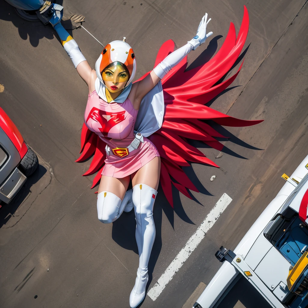 ANI_CLASSIC_jun_gatchaman_ownwaifu,1girl, 15 years old, good anatomy, masterpiece, best quality, realistic, hyperrealistic, 16k hdr, breasts, green eyes, lips, large breasts, lipstick, makeup, gloves, cape, helmet, belt, elbow gloves, white gloves, mask, ultra miniskirt, leotard, spacesuit, white tight overknee highheels boots, pink dress, superhero,bodysuit,(lying flat poses, view from above),pantyhose