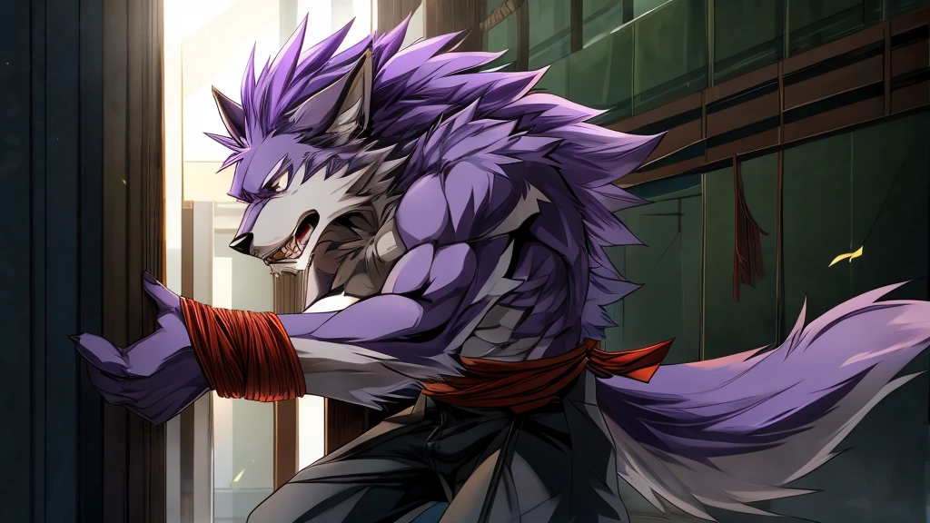 The werewolf with light purple hair is tied up with his upper body exposed,Standing,Panic,Exquisite,Athletic,Anthropomorphic,High degree of animalization,Furry Station,Stand by the wall,Tied,Handsome,male,Japanese anime style,huge,Incapable of action
