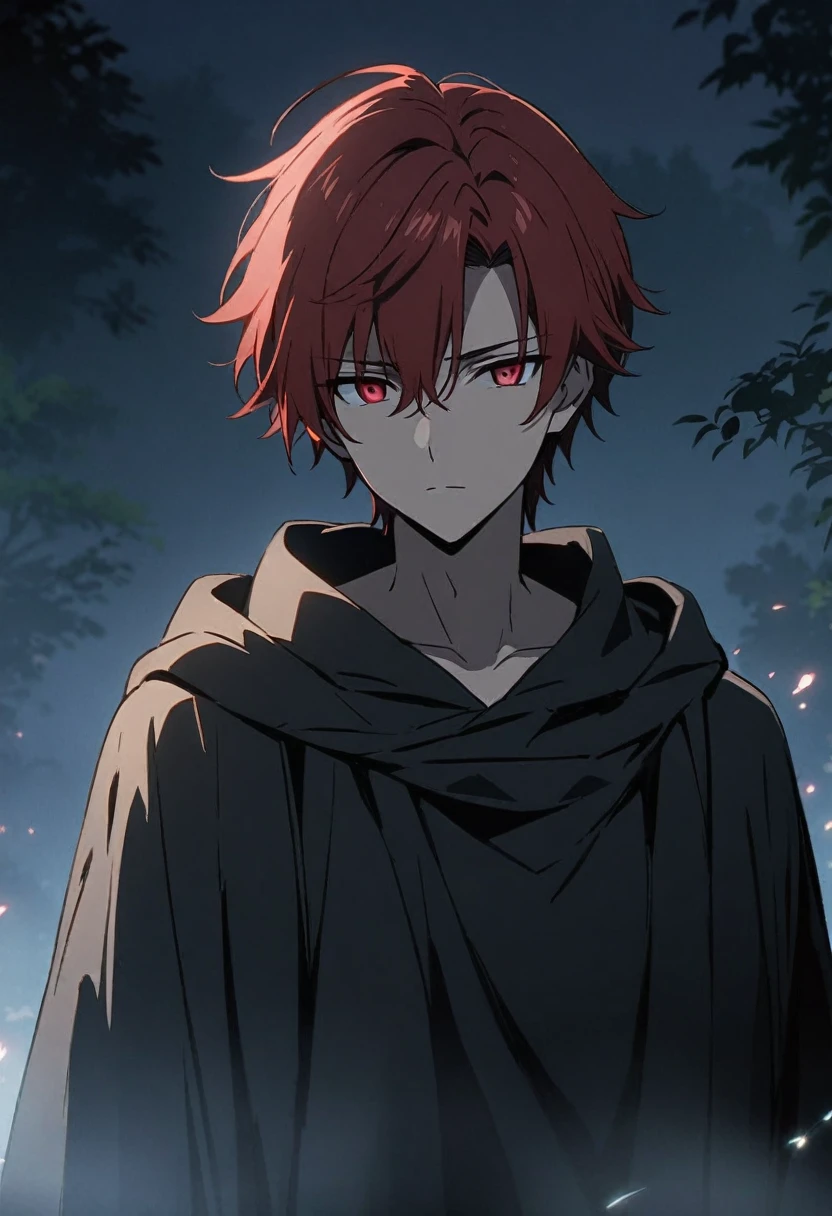 One boy, masterpiece, top quality, handsome boy, expressionless, good looking, black extensions, red hair, red eyes, black robe, night, in the fog, anime