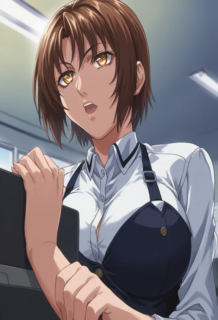 score_9, score_8_up, source_anime Bibl3, tomboy, tanned skin, brown hair, short hair, huge breasts, wide hips, viewed from front, expressionless, empty eyes, relaxed expression, hypnotized, open mouth, staring ahead, full lips, vivid lips, detailed eyes, skirt focus, pretty girl, principals office, morning