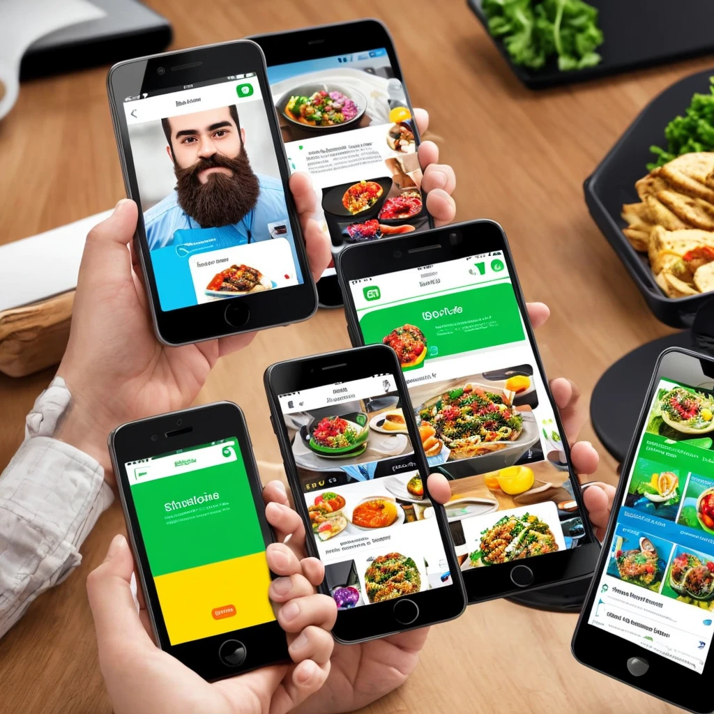 Create a vibrant and eye-catching image that simulates a digital menu displayed on a latest-generation smartphone, designed to be used as an Instagram profile picture. The image should be colorful and visually appealing, showcasing various delicious food items on the smartphone screen. Include an image of a bearded man in the design, but focus primarily on the smartphone and the surrounding environment. Ensure the smartphone looks sleek and cutting-edge, emphasizing the advanced technology and user-friendly interface. Enhance the image with text in Portuguese (Brazil) and make it as realistic as possible. The overall design should be clear and recognizable even at a small size, conveying the convenience and innovation of using a digital menu