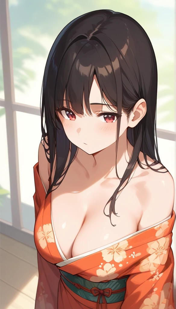 (score_9,score_8_up,score_7_up,score_6_up),masterpiece,best quality, source anime, rating_explicit, (((masterpiece))), (((best quality))), ((ultra-detailed)), ((illustration)), (1girl), (beautiful Japanese woman), (long black hair), (brown eyes), (simple background), (wearing traditional kimono), (detailed face), (perfect anatomy), (detailed light and shadow), (lighting forward), (serene expression), (minimalist style),(cleavage:1.2),(bloom), from above