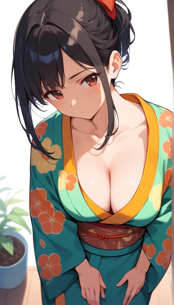 (score_9,score_8_up,score_7_up,score_6_up),masterpiece,best quality, source anime, rating_explicit, (((masterpiece))), (((best quality))), ((ultra-detailed)), ((illustration)), (1girl), (beautiful Japanese woman), (long black hair), (brown eyes), (simple background), (wearing traditional kimono), (detailed face), (perfect anatomy), (detailed light and shadow), (lighting forward), (serene expression), (minimalist style),(cleavage:1.2),(bloom), from above