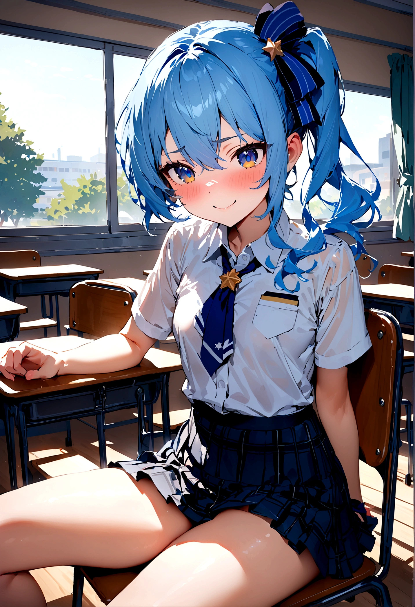 NSFW,masterpiece,Highest quality,High resolution,Super detailed,Star Town Suisei\(Hololive\),Blue Hair,One Side Ponytail,Blue Eyes,uniform,shirt,ribbon,mini skirt,Small breasts,School,classroom,smile,Sitting in a chair,Playing pranks,During class