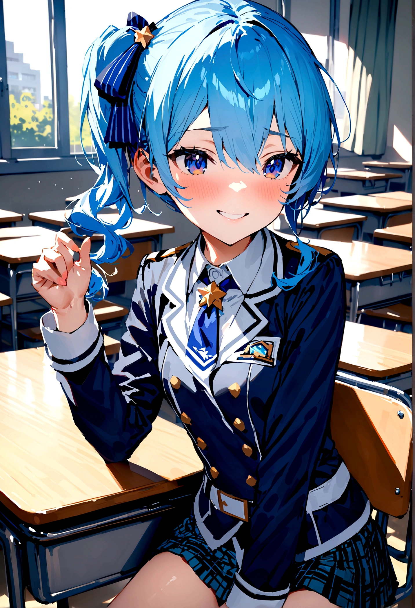 NSFW,masterpiece,Highest quality,High resolution,Super detailed,Star Town Suisei\(Hololive\),Blue Hair,One Side Ponytail,Blue Eyes,uniform,shirt,ribbon,mini skirt,Small breasts,School,classroom,smile,Sitting in a chair,Playing pranks,During class