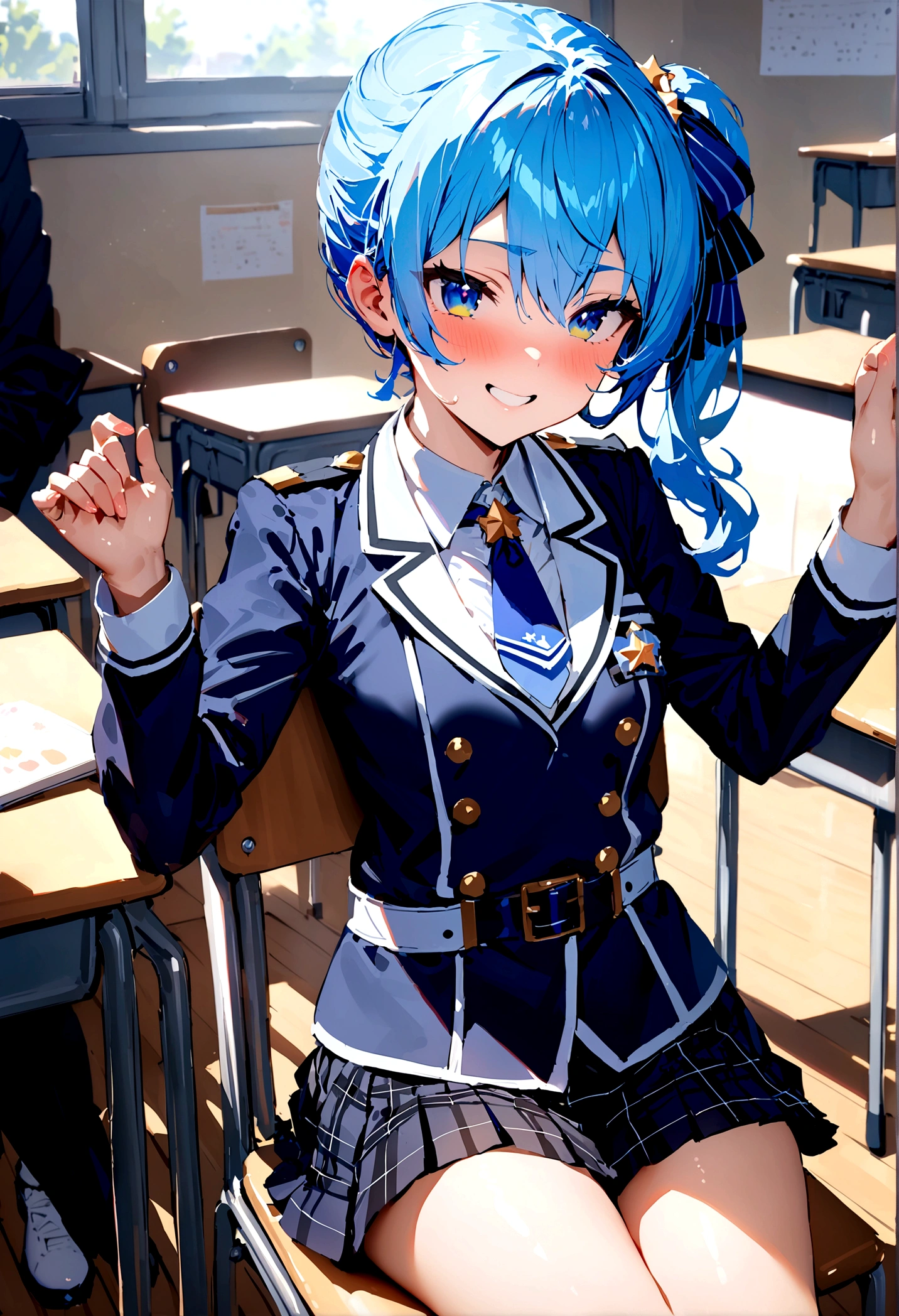 NSFW,masterpiece,Highest quality,High resolution,Super detailed,Star Town Suisei\(Hololive\),Blue Hair,One Side Ponytail,Blue Eyes,uniform,shirt,ribbon,mini skirt,Small breasts,School,classroom,smile,Sitting in a chair,Playing pranks,During class