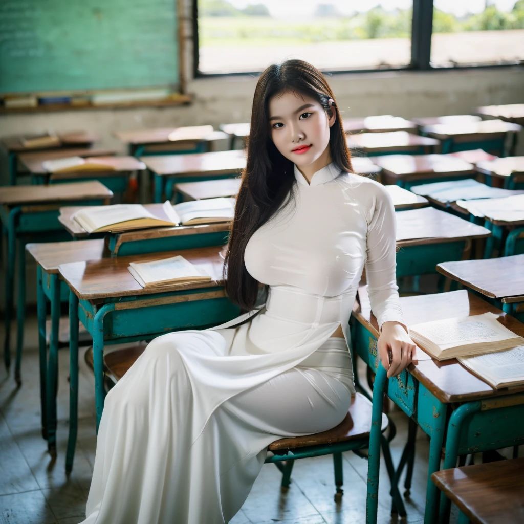 ((Ao Dai, fat, big breasts, beautiful breasts, sitting on a chair in the classroom, 8k quality photo with good details))