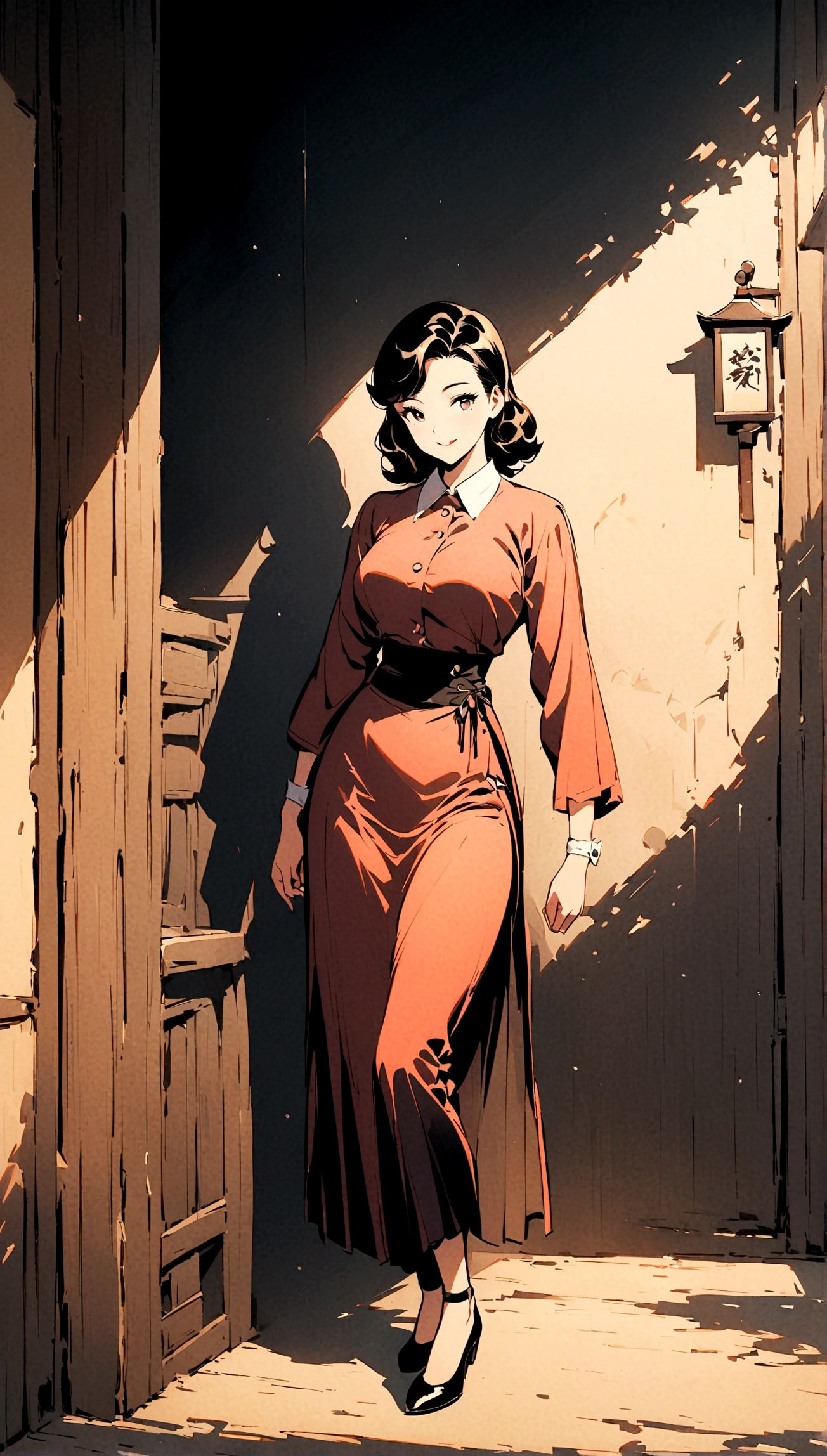 Vintage style, 1940s, split head and body, split handsome businessman, inside buxom ninja woman winking, Shadows and Highlights,Subtle vintage grain。