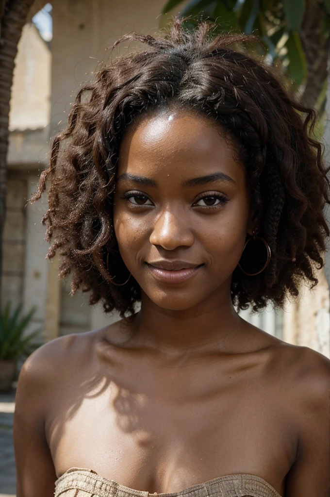 "Lina est une jeune femme métisse afro de 20 ans avec une peau très claire et très jolie fesse et poitrine. Elle a une silhouette élancée et mince, des yeux marron en amande, et un sourire éclatant. Ses cheveux sont naturellement bouclés, souvent en afro volumineux.