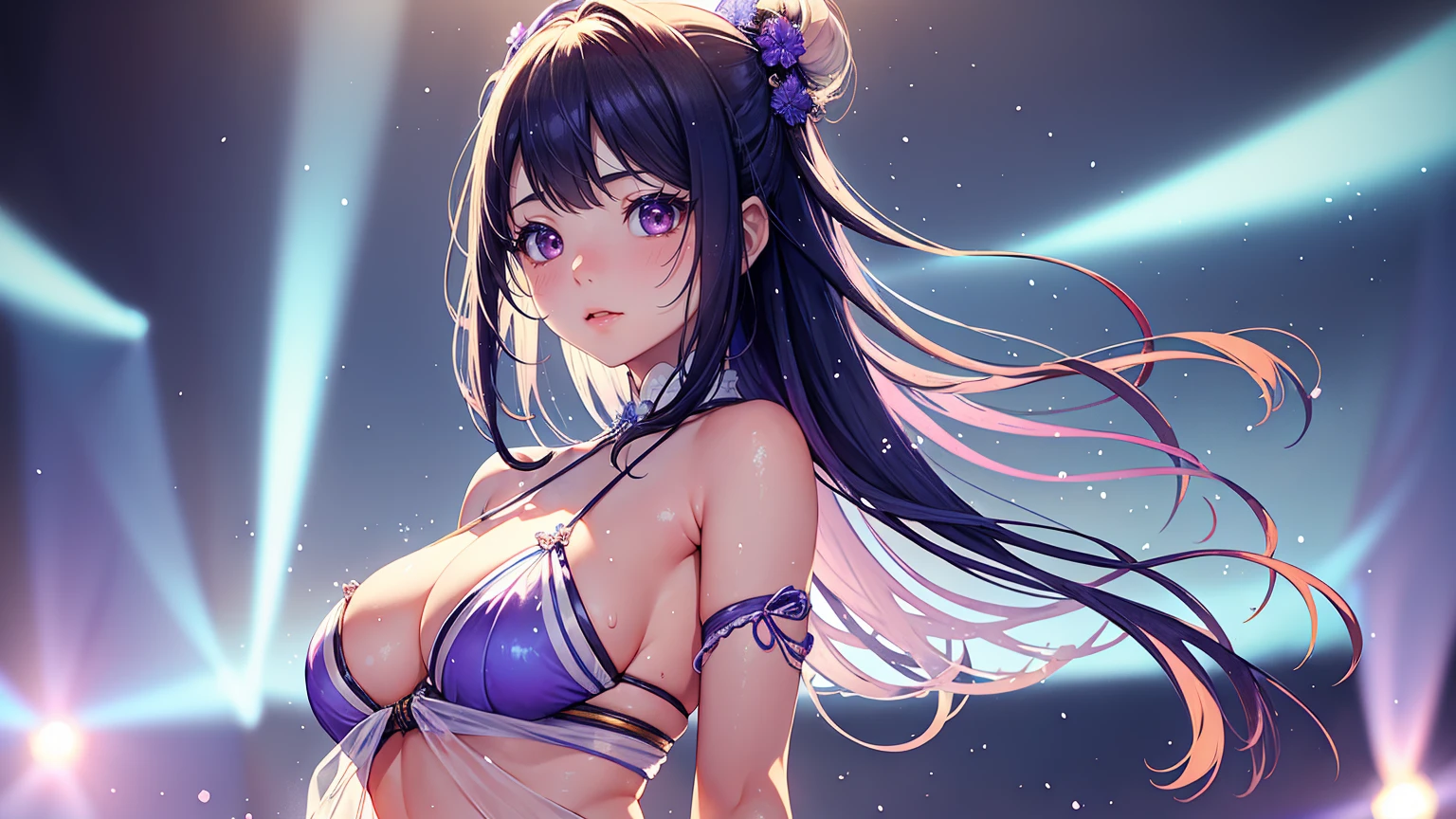 A 20-year-old Japanese idol with a delicate and beautiful face, large eyes, and translucent skin is singing on stage in an idol's costume and with an enchanting expression on her face. A gentle, warm light surrounds her. The background is filled with soft out-of-focus light, and the pale blue and purple tones create a dreamy, serene, and enchanting atmosphere. Sweat glistens and surrounds her, enhancing the fantastic and ethereal atmosphere. Emphasis on the armpits