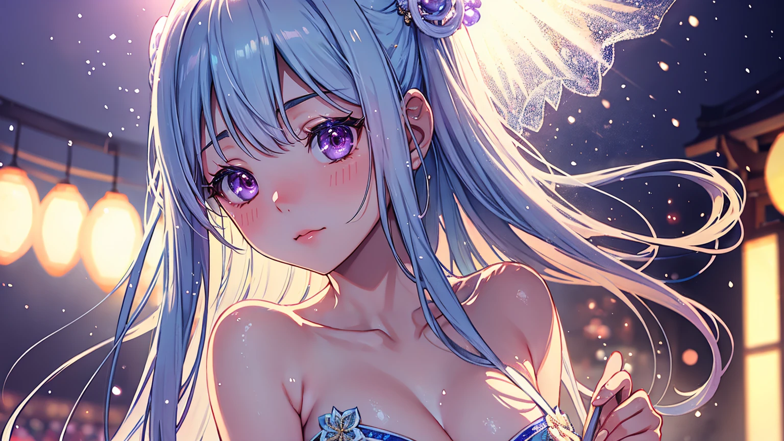 A 20-year-old Japanese idol with a delicate and beautiful face, large eyes, and translucent skin is singing on stage in an idol's costume and with an enchanting expression on her face. A gentle, warm light surrounds her. The background is filled with soft out-of-focus light, and the pale blue and purple tones create a dreamy, serene, and enchanting atmosphere. Sweat glistens and surrounds her, enhancing the fantastic and ethereal atmosphere. Emphasis on the armpits