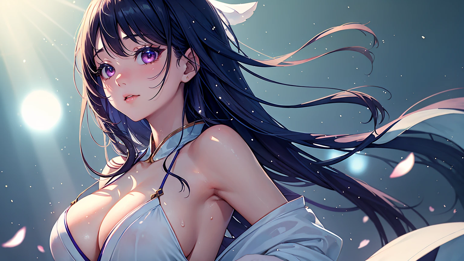 A 20-year-old Japanese idol with a delicate and beautiful face, large eyes, and translucent skin is singing on stage in an idol's costume and with an enchanting expression on her face. A gentle, warm light surrounds her. The background is filled with soft out-of-focus light, and the pale blue and purple tones create a dreamy, serene, and enchanting atmosphere. Sweat glistens and surrounds her, enhancing the fantastic and ethereal atmosphere. Emphasis on the armpits