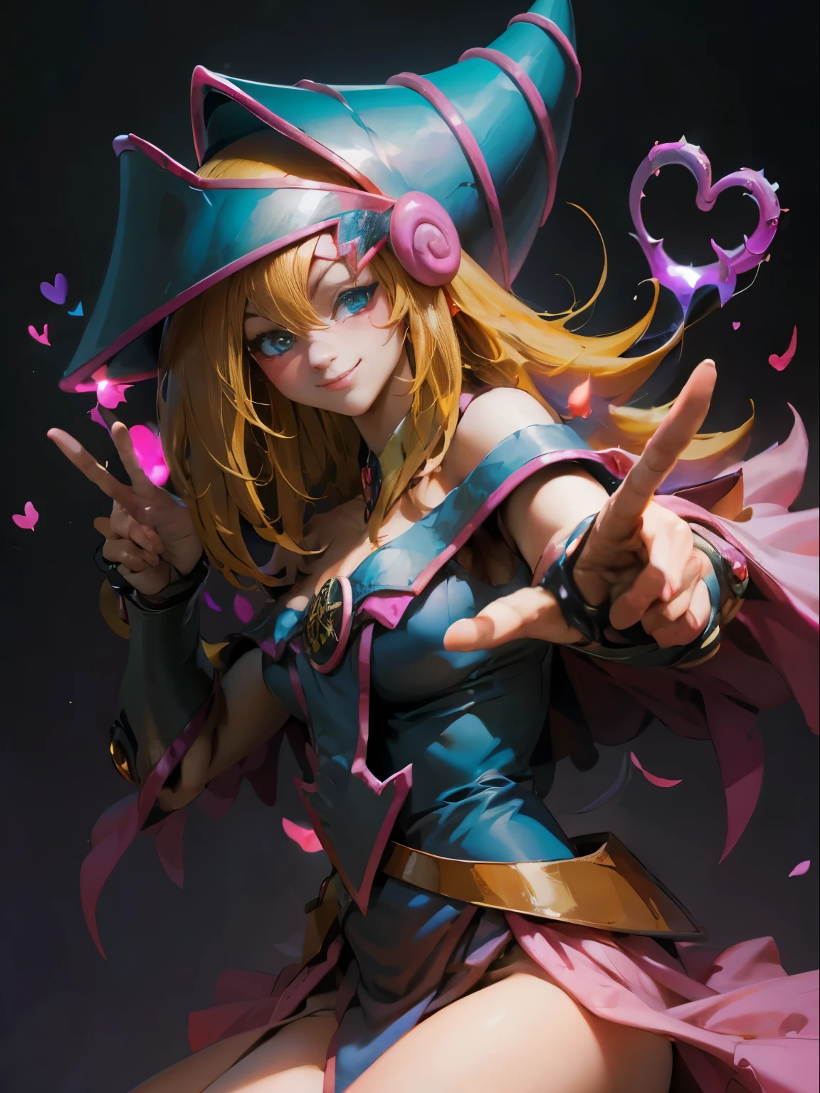 dark magician gils. Making the peace and love sign with his fingers, smile . Magic of hearts in the air. Sensual and seductive pose. Mystical magic background 