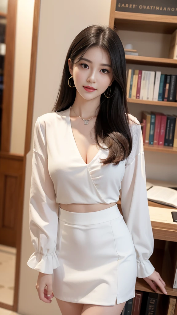 best quality best quality,High quality,masutepiece,Detailed details,hight resolution、Haute,Realistic, resolution,1girl in,Beautiful,beautiful face beautiful face,Beauty of beauty,Medium Hair,Looking at Viewer,red blush|blush and dye,Full body,Mysterious Eyes,Smile with closed mouth,,Black hair,hair clips,Circle earrings,White blouse、White blouses,tight skirts,high-heels,Large breasts,cleavage of the breast,Slim body type,Front Pose,Standing posture,Necklace,evening,In the library,