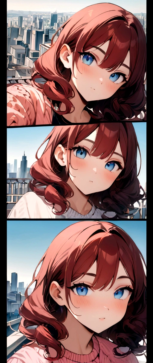 ((best quality)), ((masterpiece)), (detailed), woman with a pink sweater and a city background, red hair Curly Crop, blue symmetric eyes 24yo, without makeup, looking directly at the camera, looking straight to camera, front portrait, 24 year-old tunisian woman, frontal picture, selfie of a young woman, full face portrait