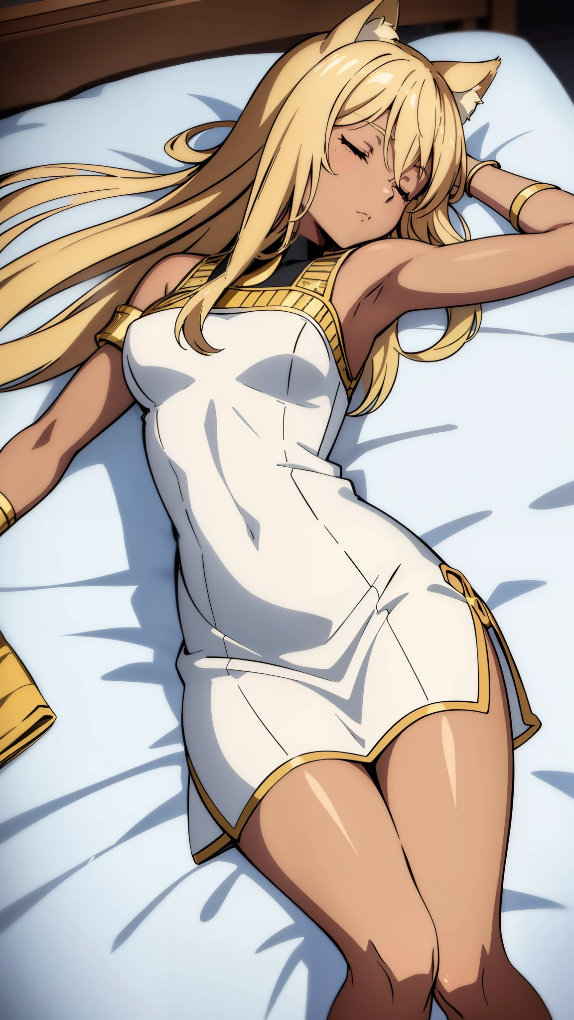 (1girl ,solo,20s,mature female),blonde hair,long hair,cat ears,(((dark skin))),(Egypt),white sleep oufit,bare shoulders,sleep,lying on bed,night,