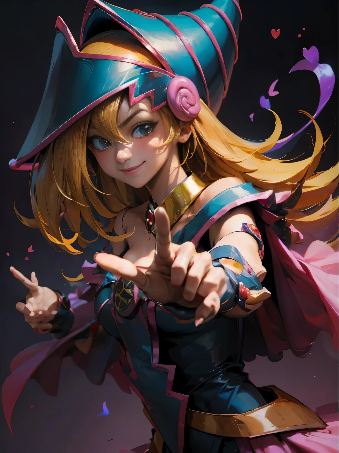 dark magician gils. Making the peace and love sign with his fingers, smile . Magic of hearts in the air. Sensual and seductive pose. Mystical magic background 