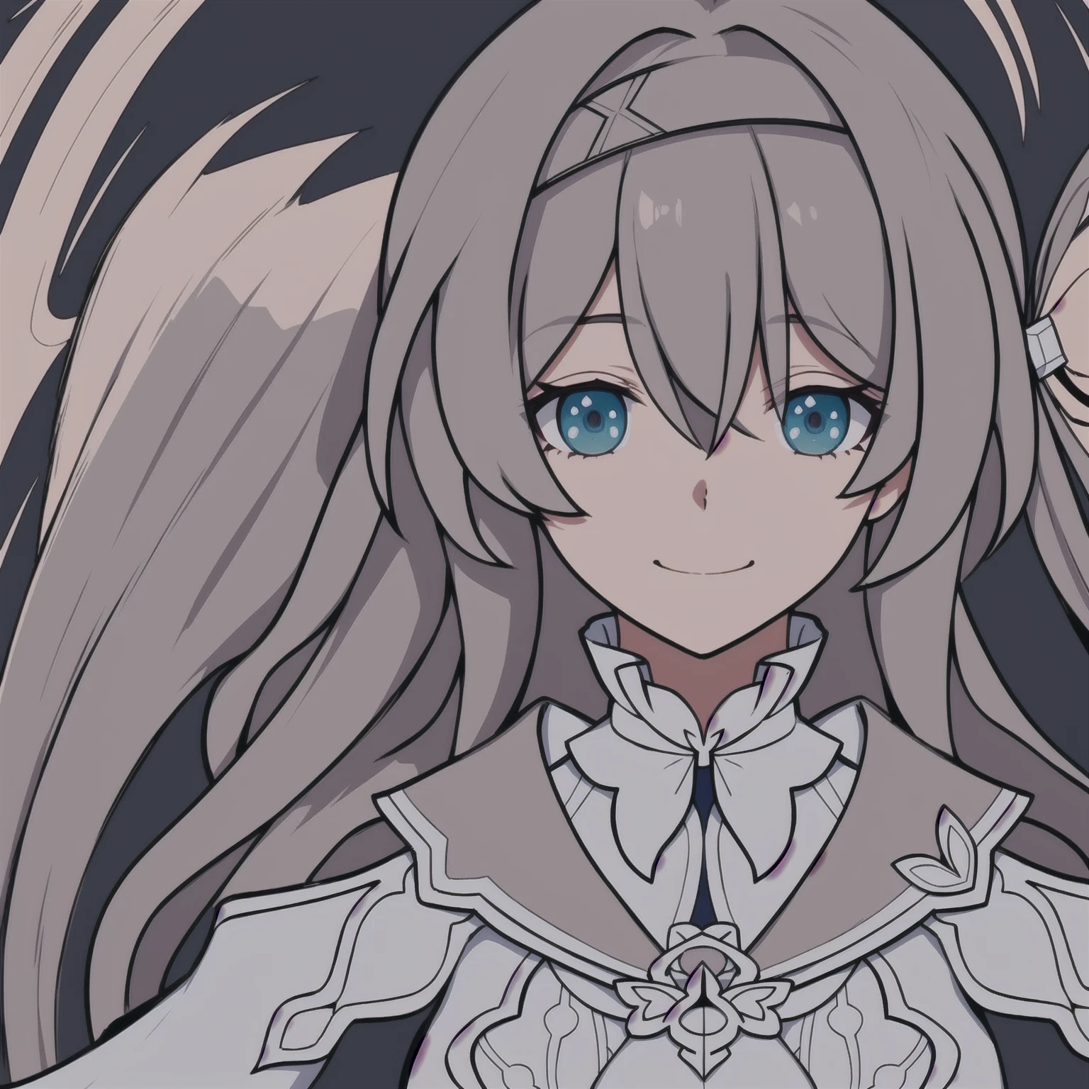 anime girl, smiling, grey hair, firefly, star rail, honkai star rail, dark brown clothes, 1girl, masterpiece, (beautiful and aesthetic:1. 5), thick black lineart, clean lineart, perfect lineart, variable lineart, thick lineart, clean anime outlines, intense line art, bold lineart, sharp lineart, heavy lineart, line art, best quality, high quality, high details, super detail, best quality, ultra-detailed, colourful, saturated colours, dynamic lighting, HD,